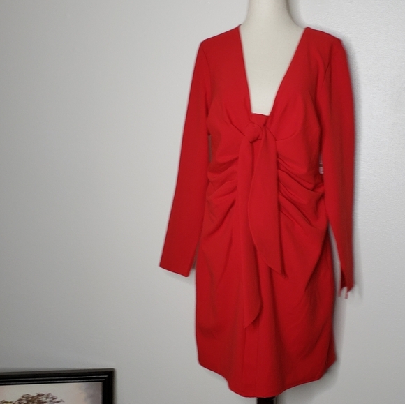 NEW INC. Womens Sheath Drape Tie Long Sleeve Dress Mini Holiday Red - Picture 4 of 9